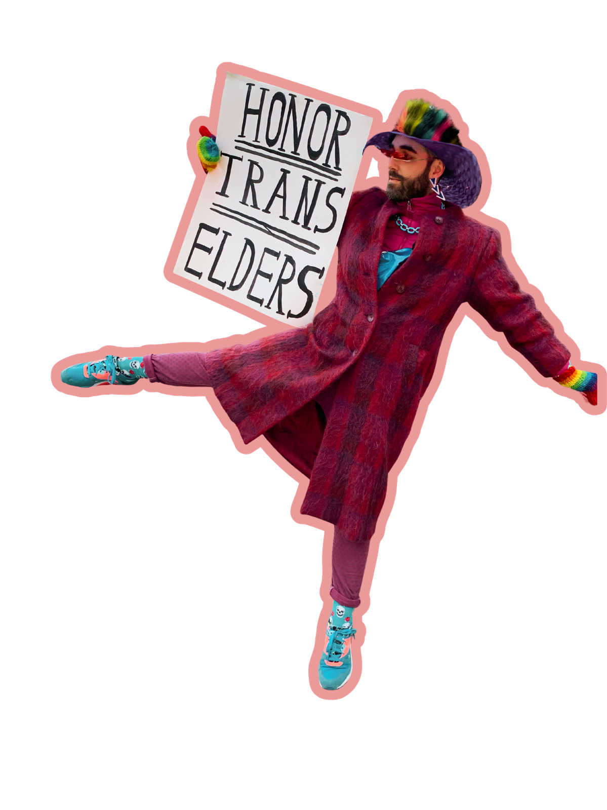 Jordi Luke holding an Honor Trans Elders sign, plaid coat